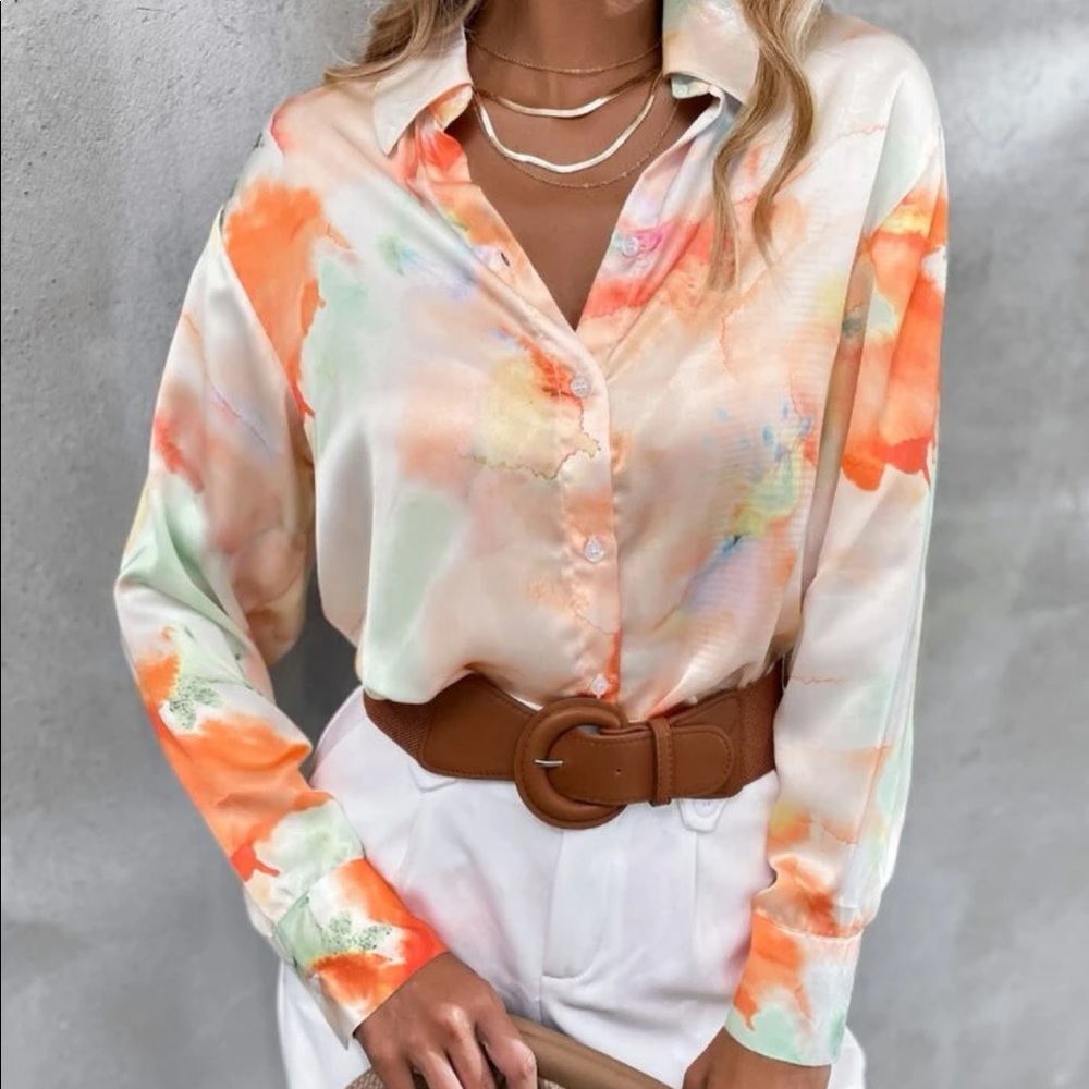 Boho orange tie dye button up blouse
